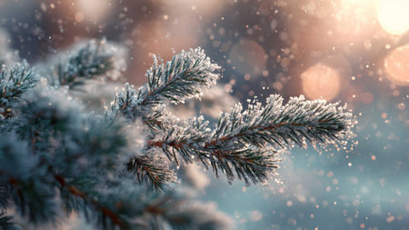 Spruce branches covered with hoarfrost and snow. Winter background