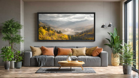 Interior of modern living room with gray sofa, coffee table and pictures on wall
