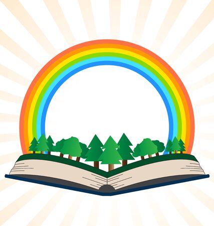 Illustration of a book with a rainbow at the forest on a white backgroundのイラスト素材