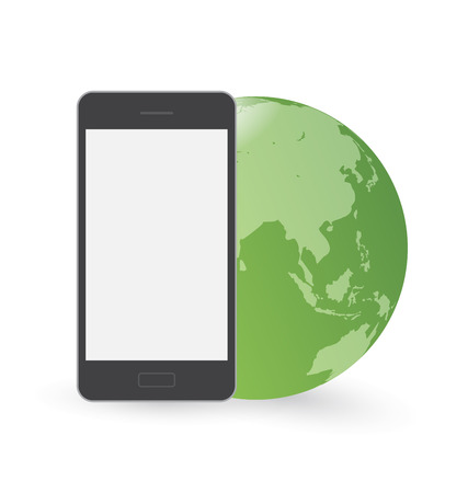Smart phone in front of green globe, Vector illustrationのイラスト素材