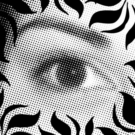 a halftone eye illustration with a floral border- all in black and whiteの写真素材