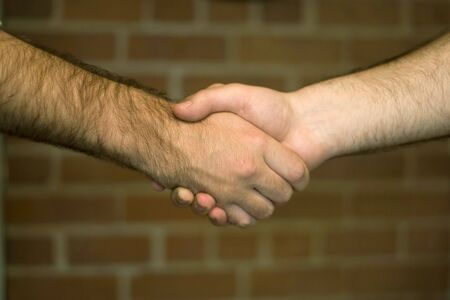 A firm handshake over a brick wall backdrop.の写真素材
