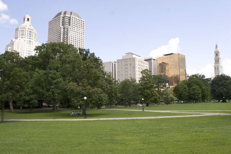 The Harford Connecticut city skyline as seen from Bushnell Park.の写真素材
