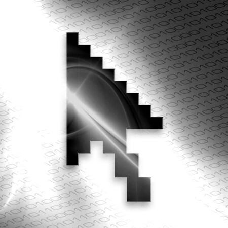 An illustration of a mouse arrow cursor isolated over binary code in black and white.