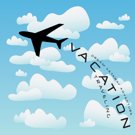 Vacation illustration with a silhouette of a commercial airplane taking off into the clouds.のイラスト素材