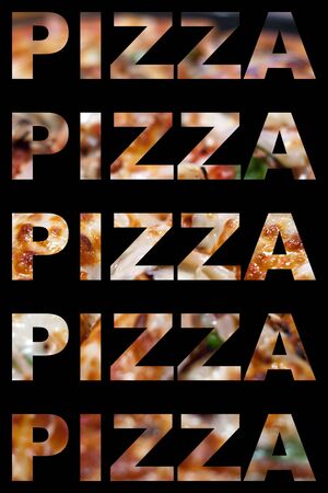 The word pizza with actual pizza textures isolated over black.の写真素材