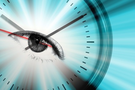 Conceptual montage themed around time or upcoming events with a clock and an eye in the center of...