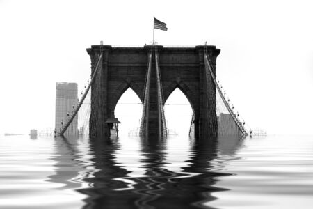 Conceptual illustration of the Brooklyn Bridge flooded with water due to natural disaster or global warming.の写真素材