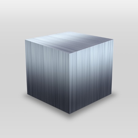 Illustration of a 3D stainless steel metallic cube isolated over a silver background.の写真素材