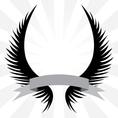 Gothic looking angel wings crest with a banner ribbon isolated over a silver rays background.  のイラスト素材
