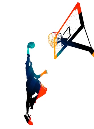 High contrast silhouette illustration of an athlete slam dunking a basketball.の写真素材