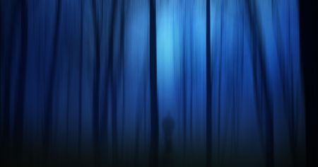 Dark ghostly forest with silhouette of a personの写真素材