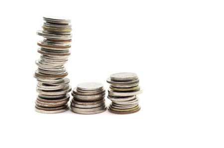 Coin pile Thai baht, on white background, Isolatedの写真素材