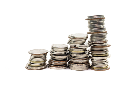 Coin pile Thai baht, on white background, Isolatedの写真素材