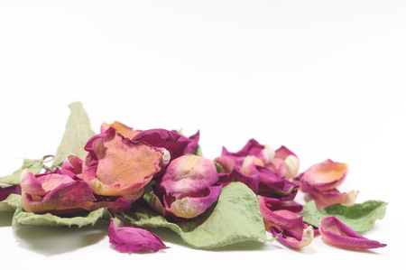 Flowers composition of dried rose flowers. Valentine's day. Dried rose petals close-up backgroundの写真素材
