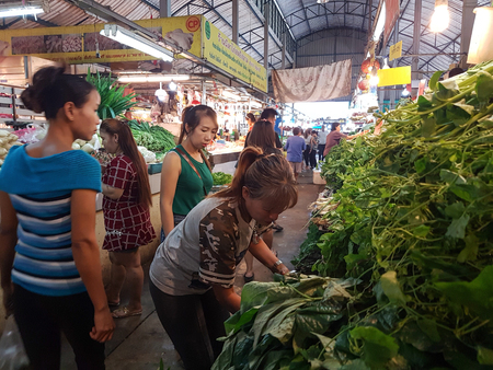 Bangkok, THAILAND - FEBBRUARY 22, 2017: a local vegetable market and customers , illustrative editorialのeditorial素材