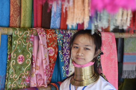 CHIANG MAI, THAILAND - MARCH 17, 2018: Long neck Karen or Kariang woman in the Karen Hilltribe. The Karen Village near Chiang Mai, Thailand.のeditorial素材
