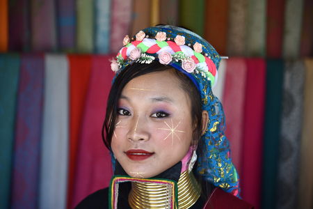 CHIANG MAI, THAILAND - MARCH 17, 2018: Long neck Karen or Kariang woman in the Karen Hilltribe. The Karen Village near Chiang Mai, Thailand.のeditorial素材