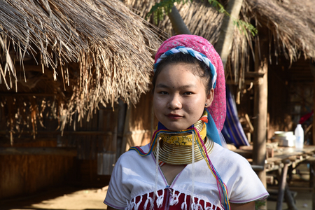 CHIANG MAI, THAILAND - MARCH 17, 2018: Long neck Karen or Kariang woman in the Karen Hilltribe. The Karen Village near Chiang Mai, Thailand.のeditorial素材