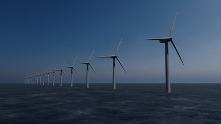 Wind turbine generates electricity in the sea on a sunny dayの写真素材
