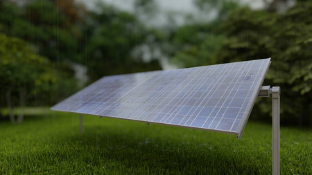 solar panel on the grass in the middle of the forest on a bright dayの写真素材