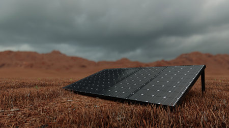 solar panel On the land of rocks and ravines on a stormy dayの写真素材