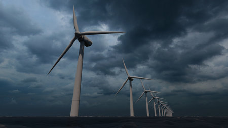 Wind turbines generate electricity in the sea on a stormy day