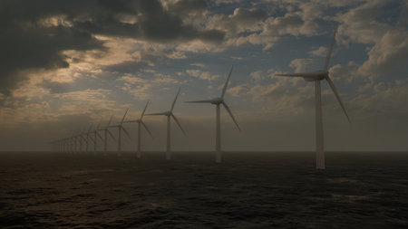 Windmill generates electricity in the evening seaの写真素材