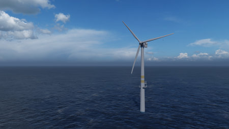 Wind turbine generates electricity in the sea on a sunny dayの写真素材