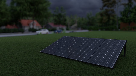 Solar panels on the lawn on a rainy dayの写真素材