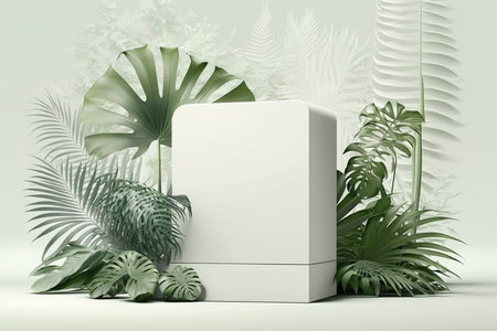 Stone product podium with tropical palm leaf on green wall background.の素材