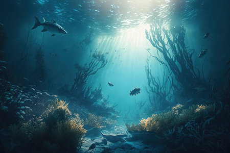 Sea deep or ocean underwater with coral reef asの素材