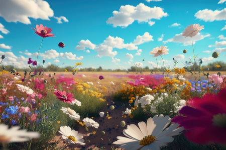 Various colorful flowers bloom on a wild flower meadowの素材