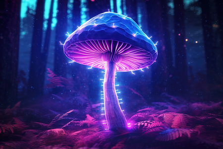 Mushroom. Fantasy glowing mushrooms in mystery dark forest closeupの素材