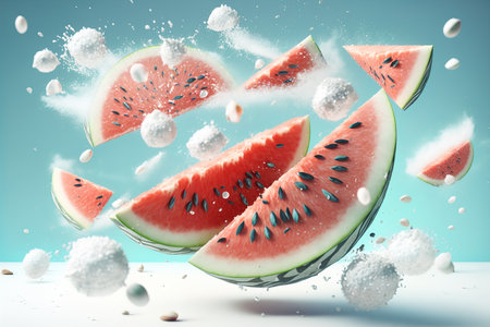 Watermelon slices with juice splashes isolatedの素材