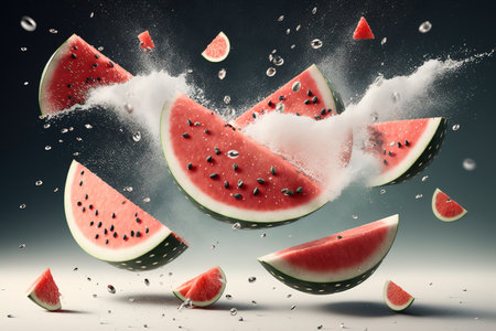Watermelon slices with juice splashes isolatedの素材