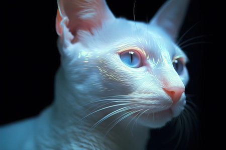 Portrait of a white cat with pink-blue eyes on a light background. Close-upの素材