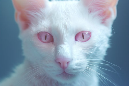 Portrait of a white cat with pink-blue eyes on a light background. Close-upの素材