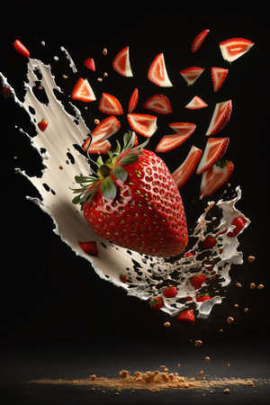 Fresh strawberry berry flying falling in splashing water isolated on backgroundの素材