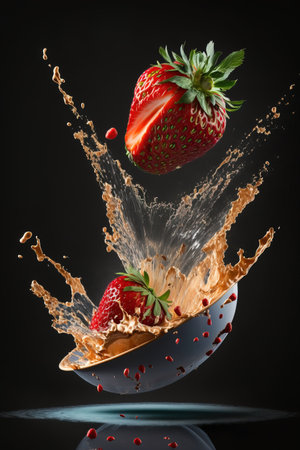 Fresh strawberry berry flying falling in splashing water isolated on backgroundの素材