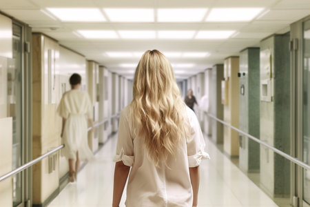 An anonymous woman moved out into the back corridor of the hospital.の素材