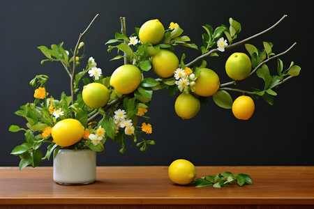 Small lushy lemon tree with a lt of yellow lemons in the pot n the background of a light roomの素材