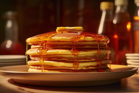 Pancakes with a piece of butter and sprinkled with honey.の素材