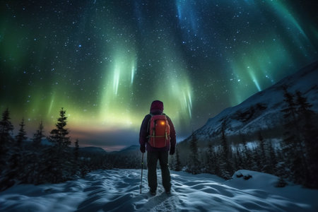 Silhouette of a man watching the Northern Lights Aurora Borealisの素材