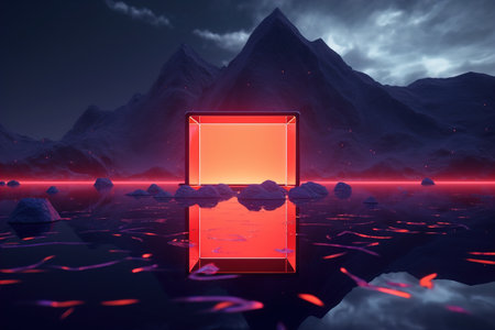 3d render neon lines, rhombus shape inside empty room, virtual space, ultraviolet light, 80`s styleの素材