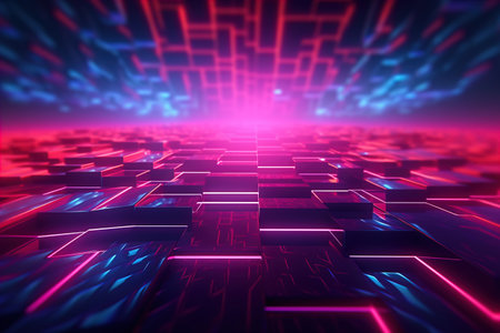 3d render neon lines, rhombus shape inside empty room, virtual space, ultraviolet light, 80`s styleの素材