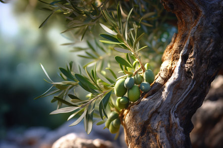 Close up of an olive tree branch with green olives in plantation.の素材