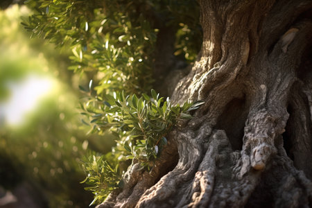 Close up of an olive tree branch with green olives in plantation.の素材