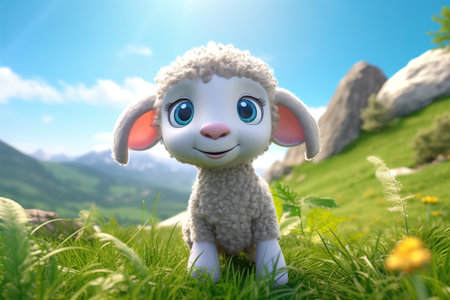 A sheep stands in the middle of a beautiful garden.の素材