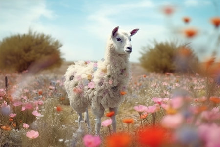A sheep stands in the middle of a beautiful garden.の素材